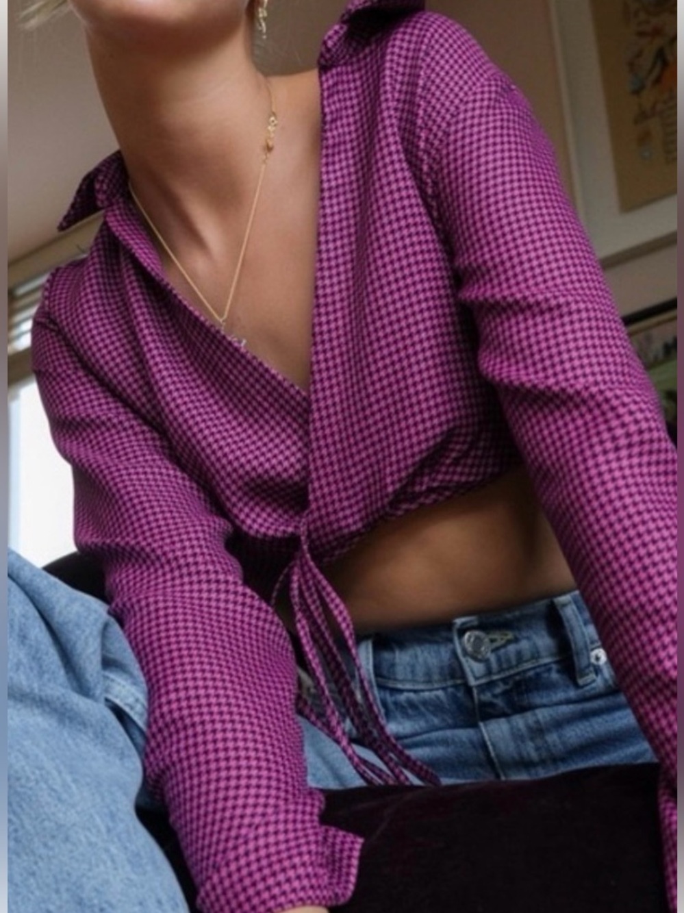 ZARA Hot pink Houndstooth Wrap Waist Women's Top